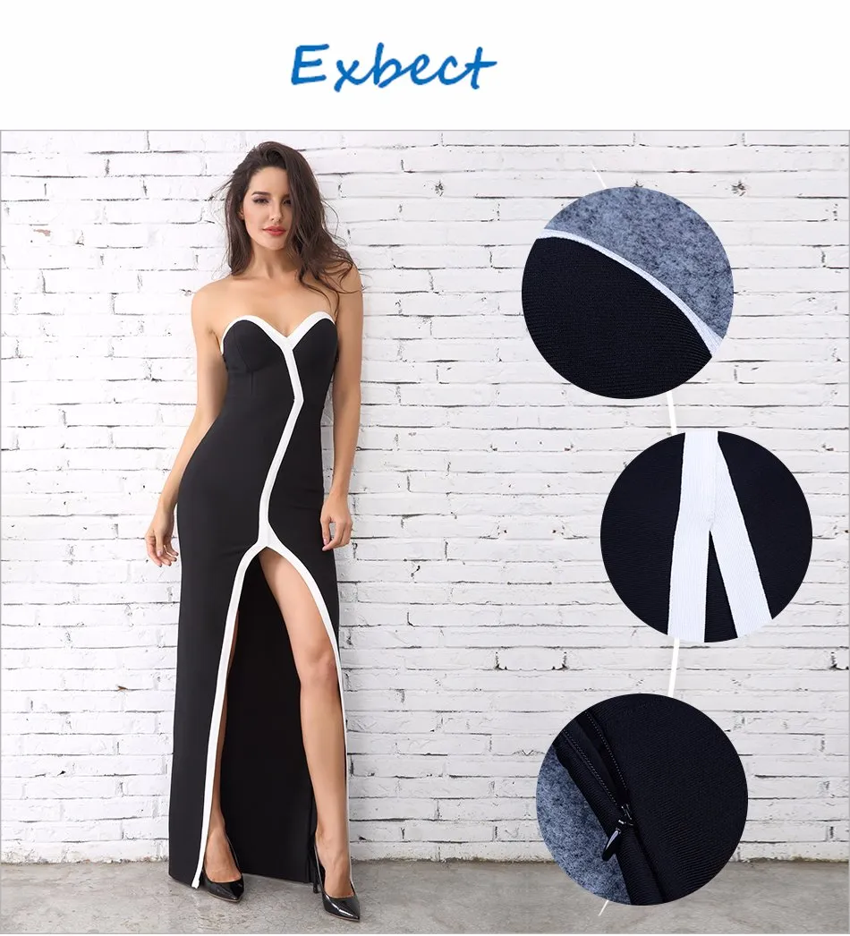 Fashion Women Strapless Black White Long Dress Celebrity Dresses Party Dresses Evening of Maxi Dress