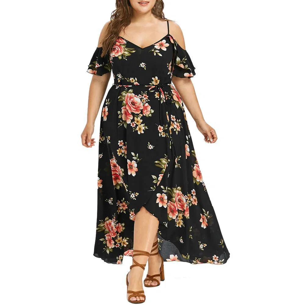 Floral Print off Shoulder Backless Flounce Hem Dress for Plus Size Lady