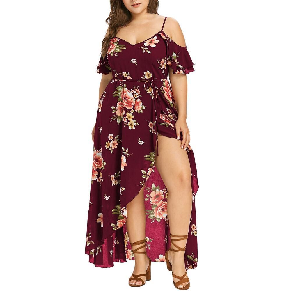 Floral Print off Shoulder Backless Flounce Hem Dress for Plus Size Lady