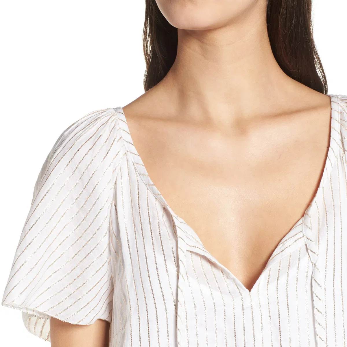 Flutter Sleeve Glimmering Metallic Stripe Loose Shift White Dress