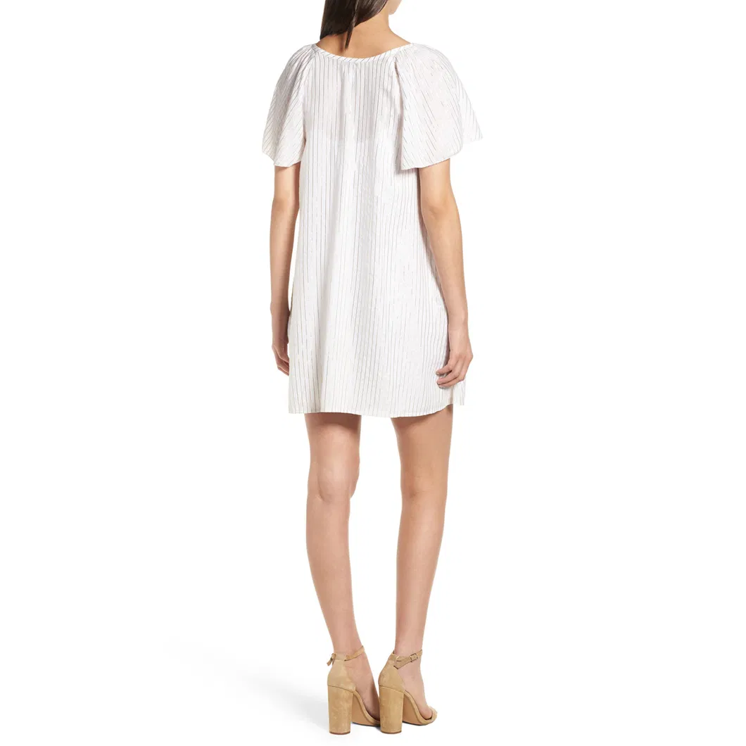 Flutter Sleeve Glimmering Metallic Stripe Loose Shift White Dress