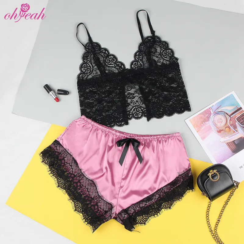 High Quality Wholesale Transparent Woman Lace Top Girl Satin Pajamas Set