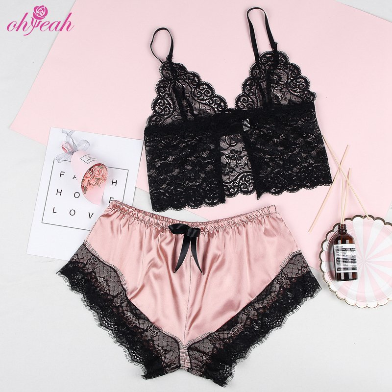 High Quality Wholesale Transparent Woman Lace Top Girl Satin Pajamas Set