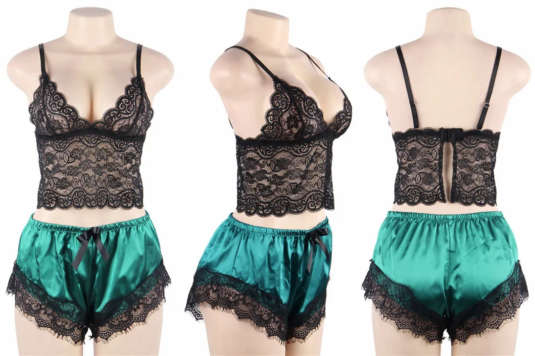 High Quality Wholesale Transparent Woman Lace Top Girl Satin Pajamas Set