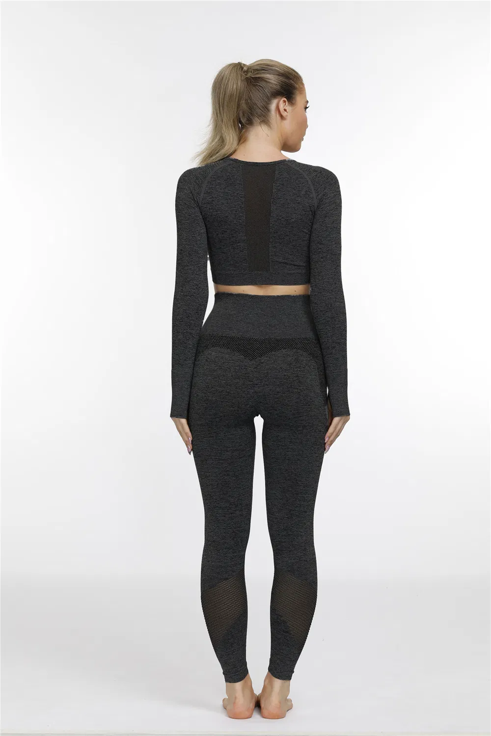 Hollow out Gym Wear Workout Clothes Long Sleeve Gym Crop Top High Waist Leggings Fitness Sports Wear Mesh Yoga Set