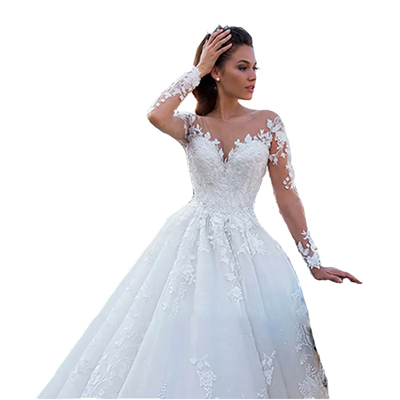 HWD037 Big Tailed New Wedding Dress Retro Sexy Tulle V-Neck Long Sleeve Wedding Dress Bridal