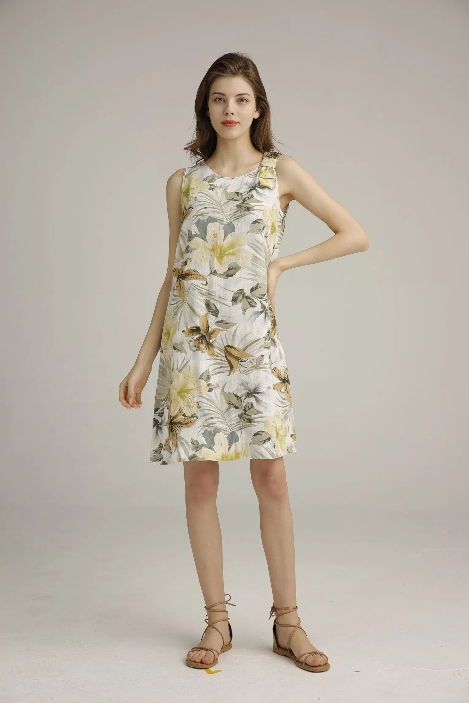 Ladies Nice Floral Printing Rayon Linen Round Neck Dress A Shape Sleeve