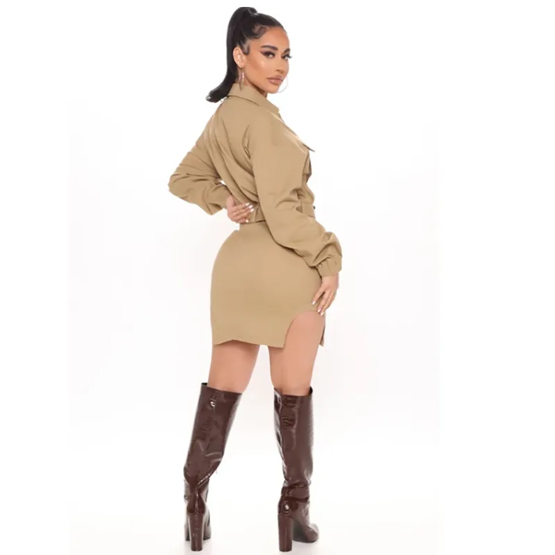 Ladies Stand Colar Chest Pockets Elastic Cuffs Front Button Uneven Hemline Mini Dress