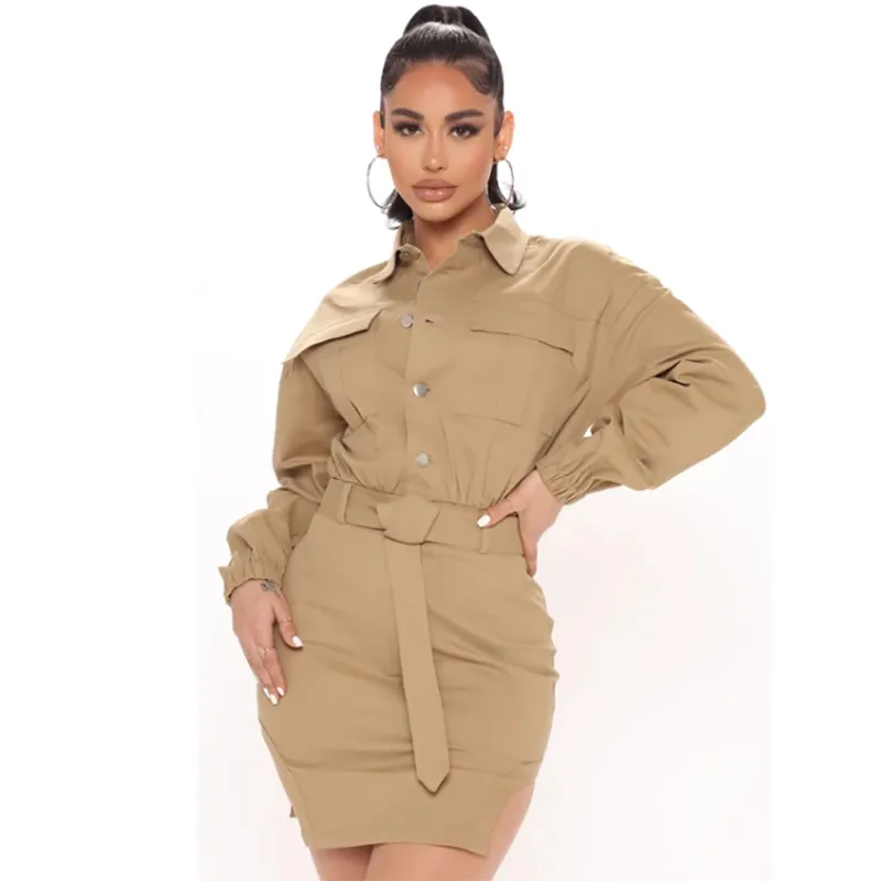 Ladies Stand Colar Chest Pockets Elastic Cuffs Front Button Uneven Hemline Mini Dress