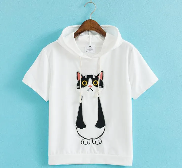 Lady′s Short Sleeve Hoodie Embroidery