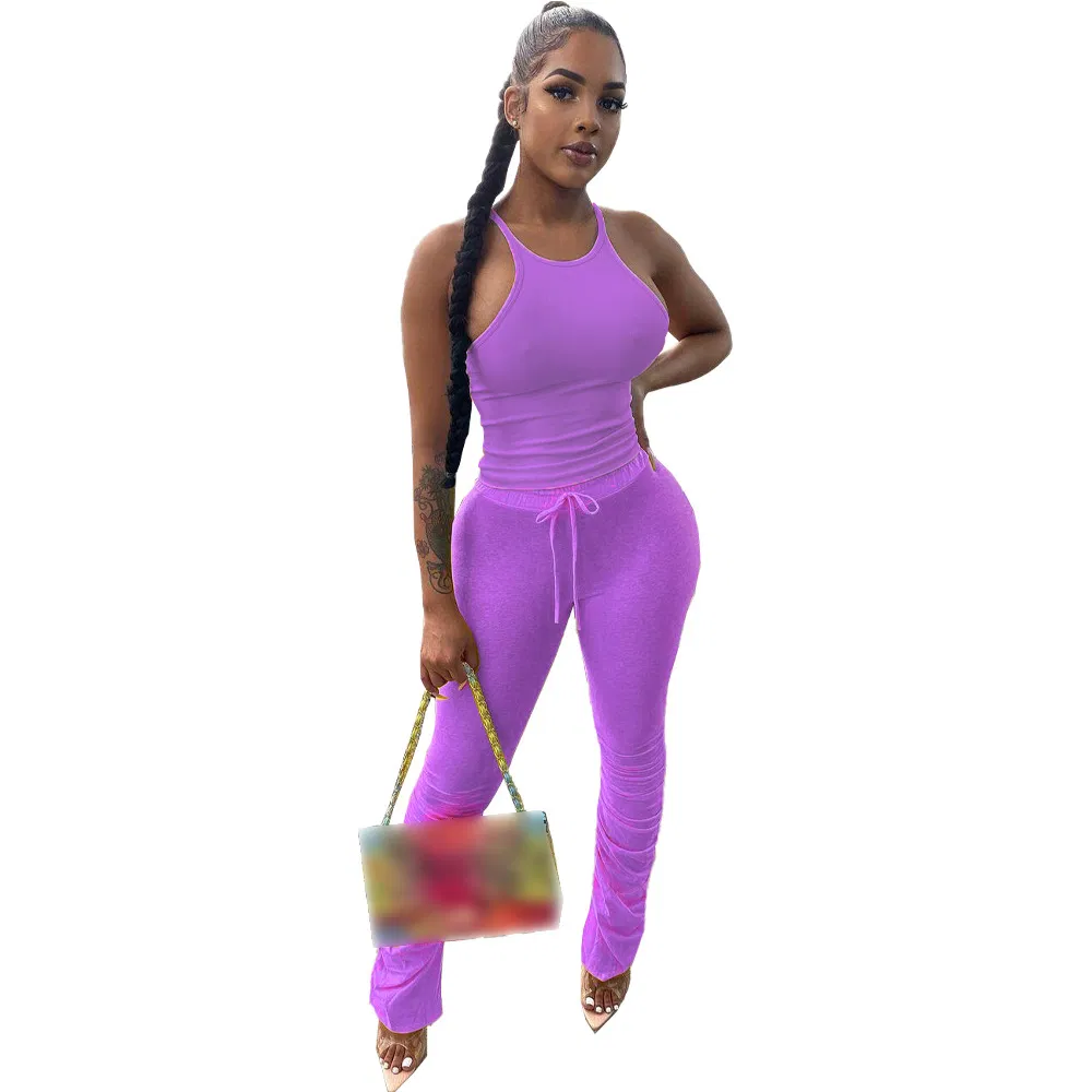 Latest 2021 Summer Active Wear Solid Color off The Shoulder Sleeveless Elastic Drawstring Ruched Pants 2 Piece Set Women