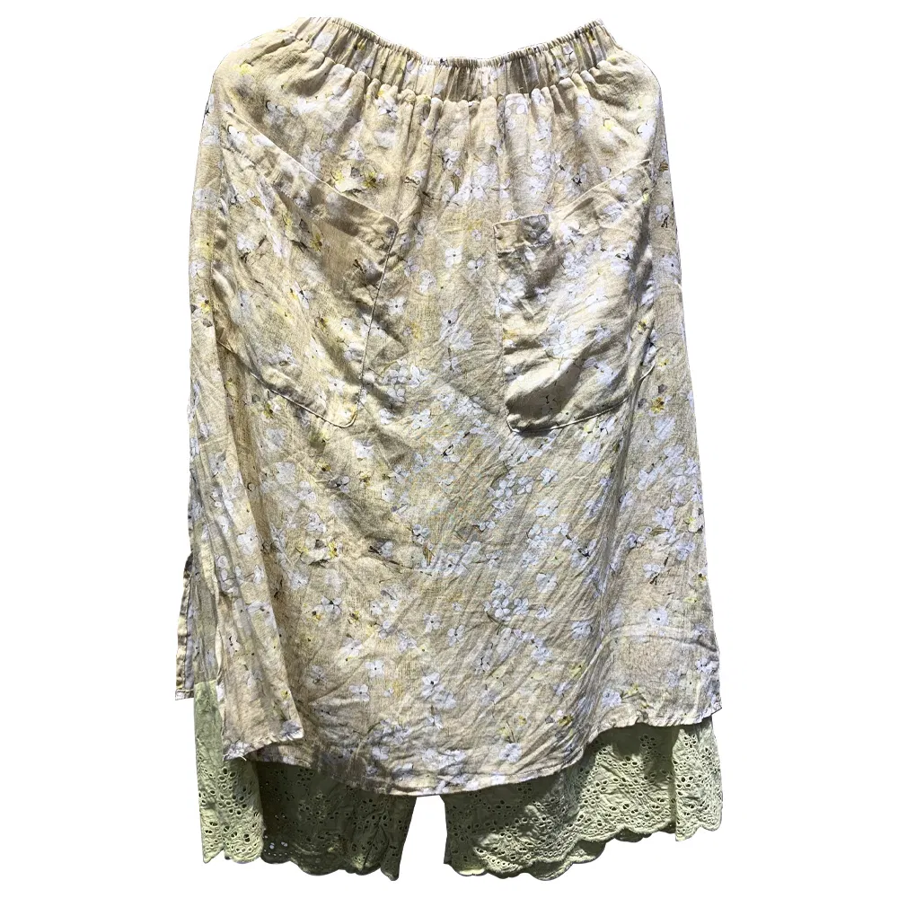 Linen Print Long Loose Belt Pants or Culottes with Ethnic Style