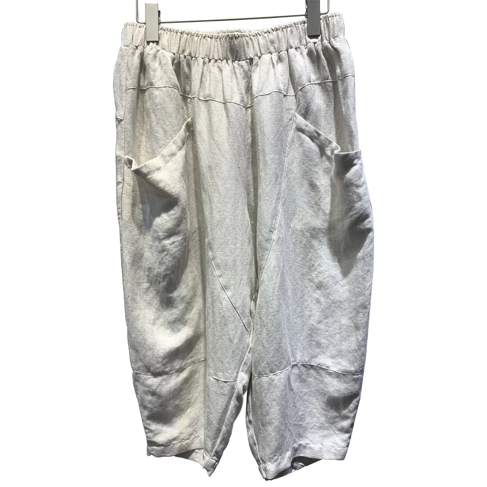 Linen Print Long Loose Belt Pants or Culottes with Ethnic Style