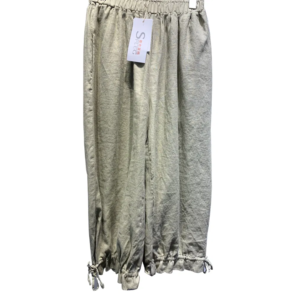 Linen Print Long Loose Belt Pants or Culottes with Ethnic Style