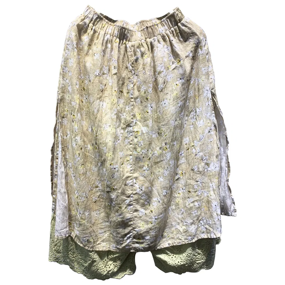 Linen Print Long Loose Belt Pants or Culottes with Ethnic Style