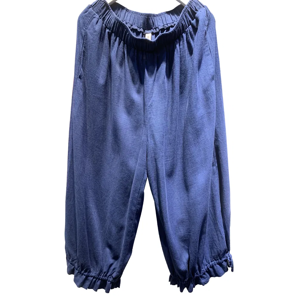 Linen Print Long Loose Belt Pants or Culottes with Ethnic Style