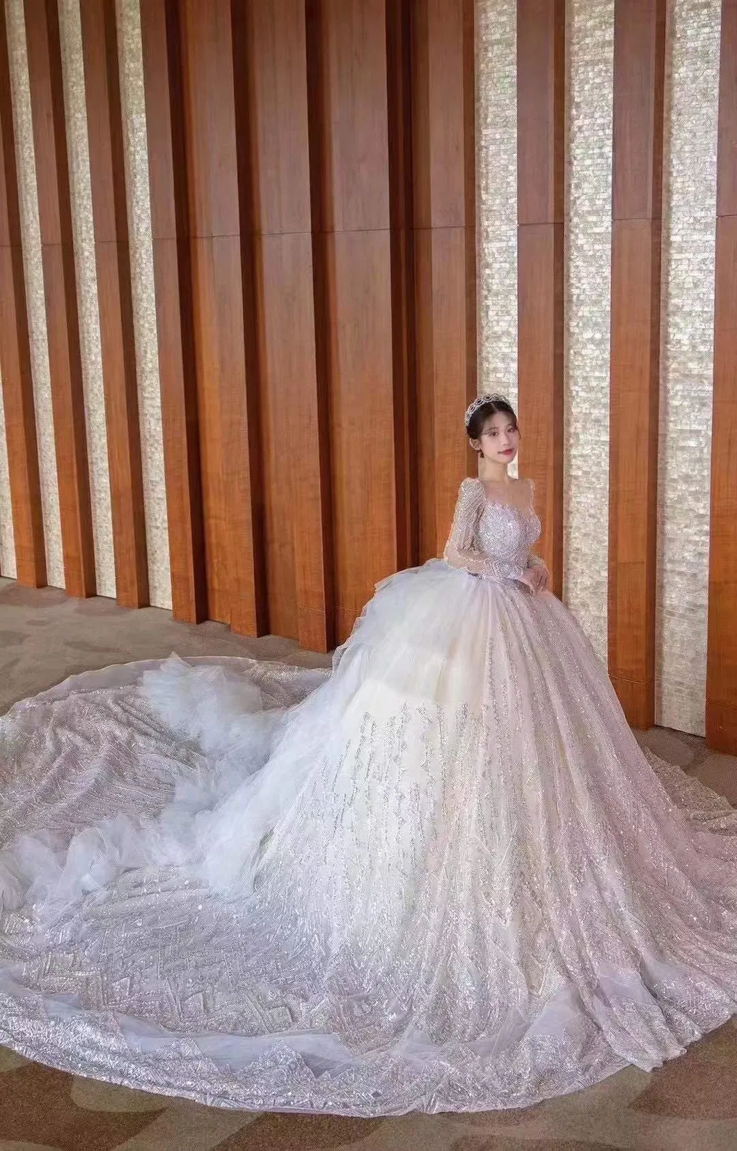 Luxry Crystals Heavy Beading Long Sleeve V-Neck Organza Tull Lace Bride′ S Party Arab Wedding Dress