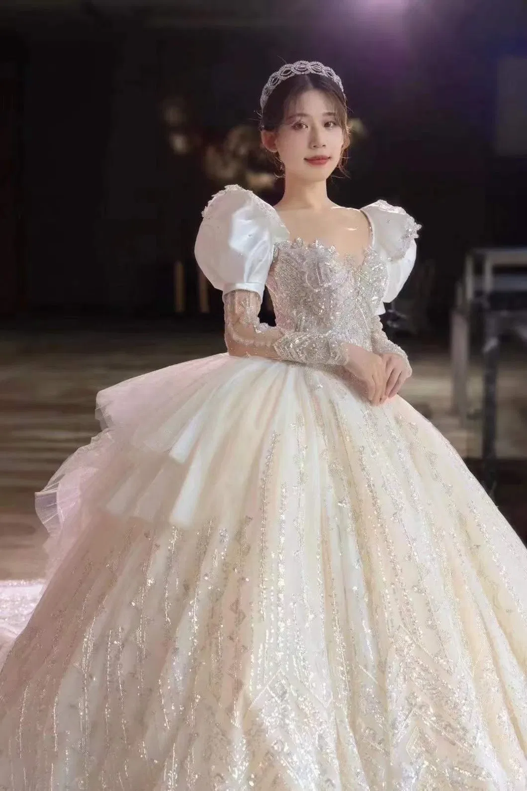 Luxry Crystals Heavy Beading Long Sleeve V-Neck Organza Tull Lace Bride′ S Party Arab Wedding Dress