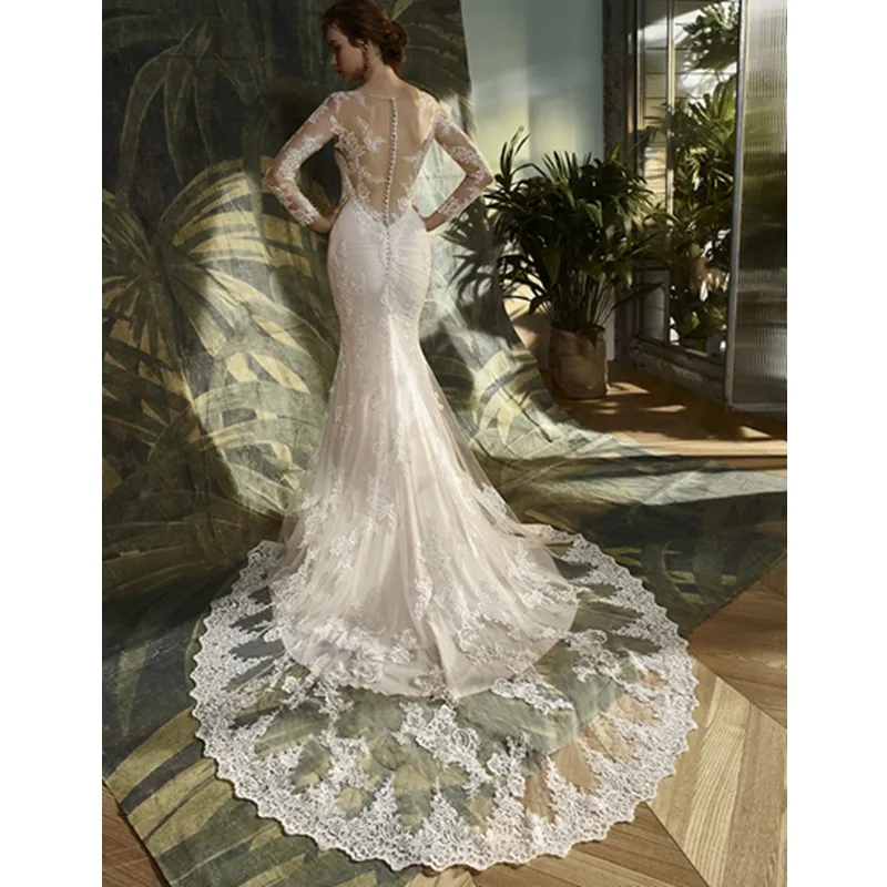 Luxurious Ivory White Hollowed-out Beaded Lace Mermaid Chapel Train Wedding Dress
