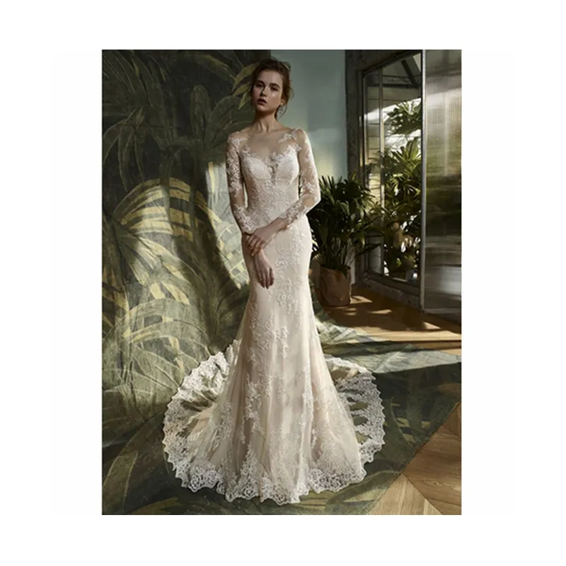 Luxurious Ivory White Hollowed-out Beaded Lace Mermaid Chapel Train Wedding Dress