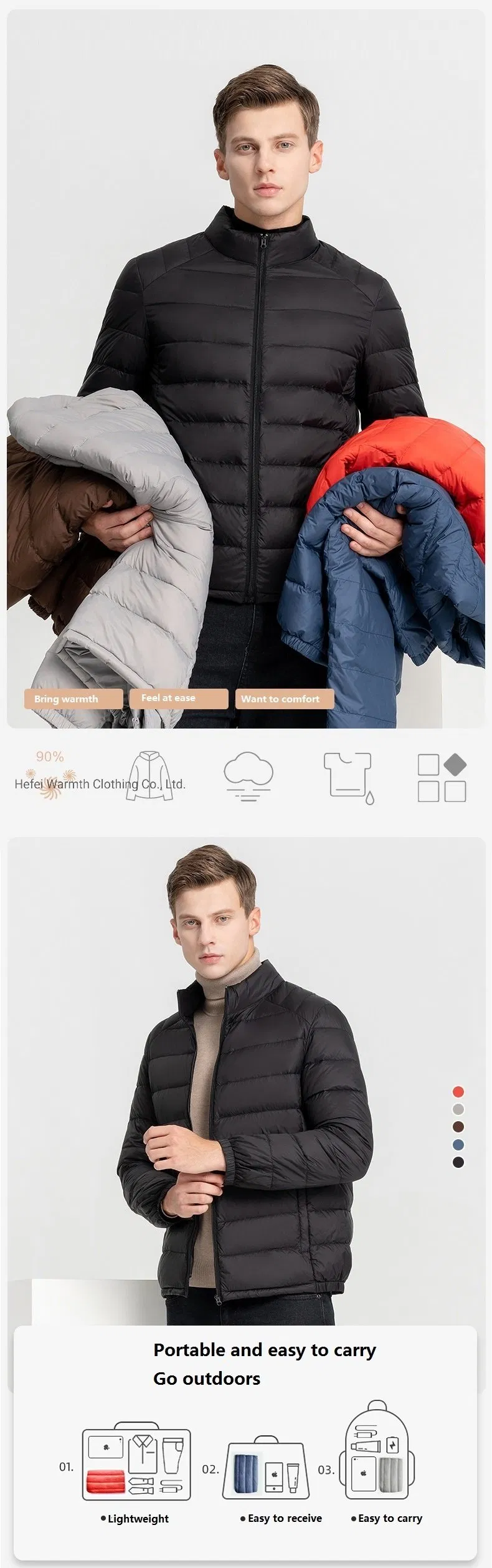 Men′s Lightweight Water-Resistent Fill Power Down Puffer Jacket