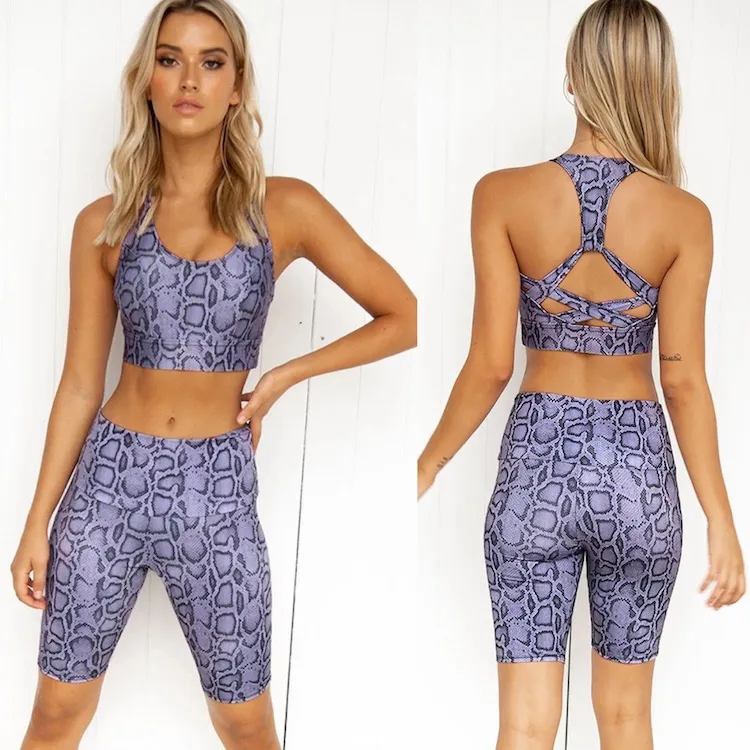 New 2 Piece Summer Workout Sets Ahletic Attire for Women, Stretchy Yoga Outfit Snakeskin Print High Waist Shorts and Sport Bra Gym Running Clothes