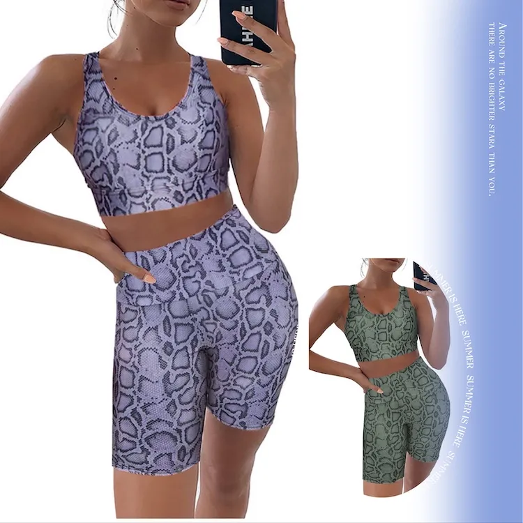 New 2 Piece Summer Workout Sets Ahletic Attire for Women, Stretchy Yoga Outfit Snakeskin Print High Waist Shorts and Sport Bra Gym Running Clothes