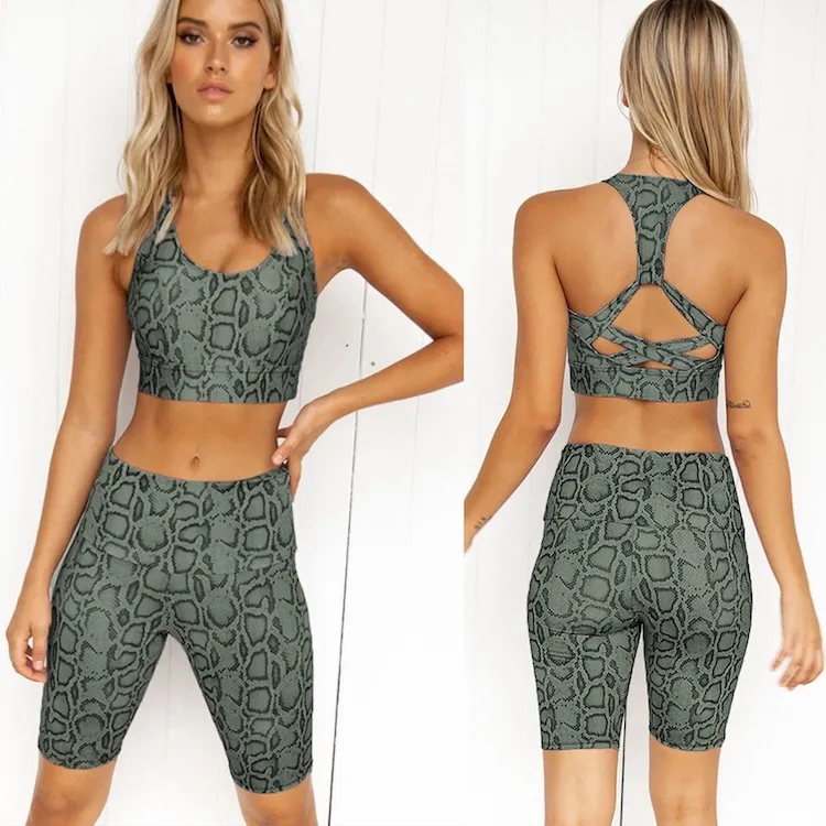 New 2 Piece Summer Workout Sets Ahletic Attire for Women, Stretchy Yoga Outfit Snakeskin Print High Waist Shorts and Sport Bra Gym Running Clothes