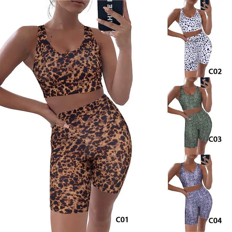 New 2 Piece Summer Workout Sets Ahletic Attire for Women, Stretchy Yoga Outfit Snakeskin Print High Waist Shorts and Sport Bra Gym Running Clothes