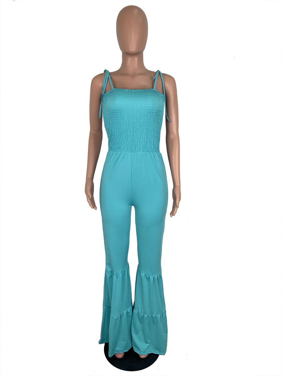 New Arrival 100% Cotton Spaghetti Strap Flare Pants Jumpsuit for Women Girls Party Daily Wear