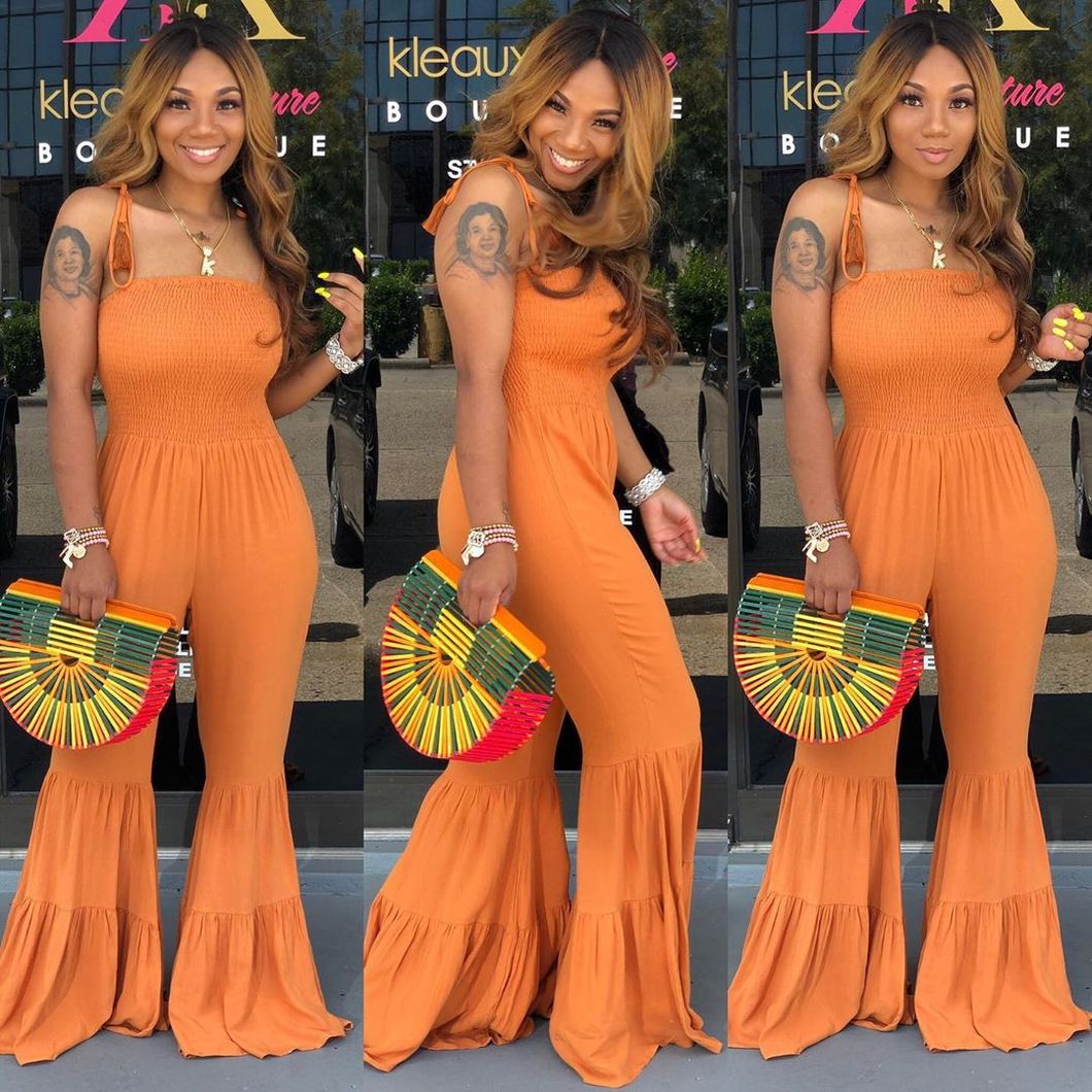 New Arrival 100% Cotton Spaghetti Strap Flare Pants Jumpsuit for Women Girls Party Daily Wear