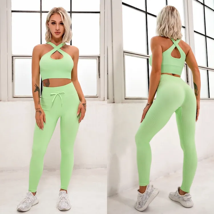 New Arrival Stylish Gym Workout Outfit for Women 2 Piece Seamless Ribbed Crossover Halter Crop Top with High Waist Sports Leggings Fitness Clothes