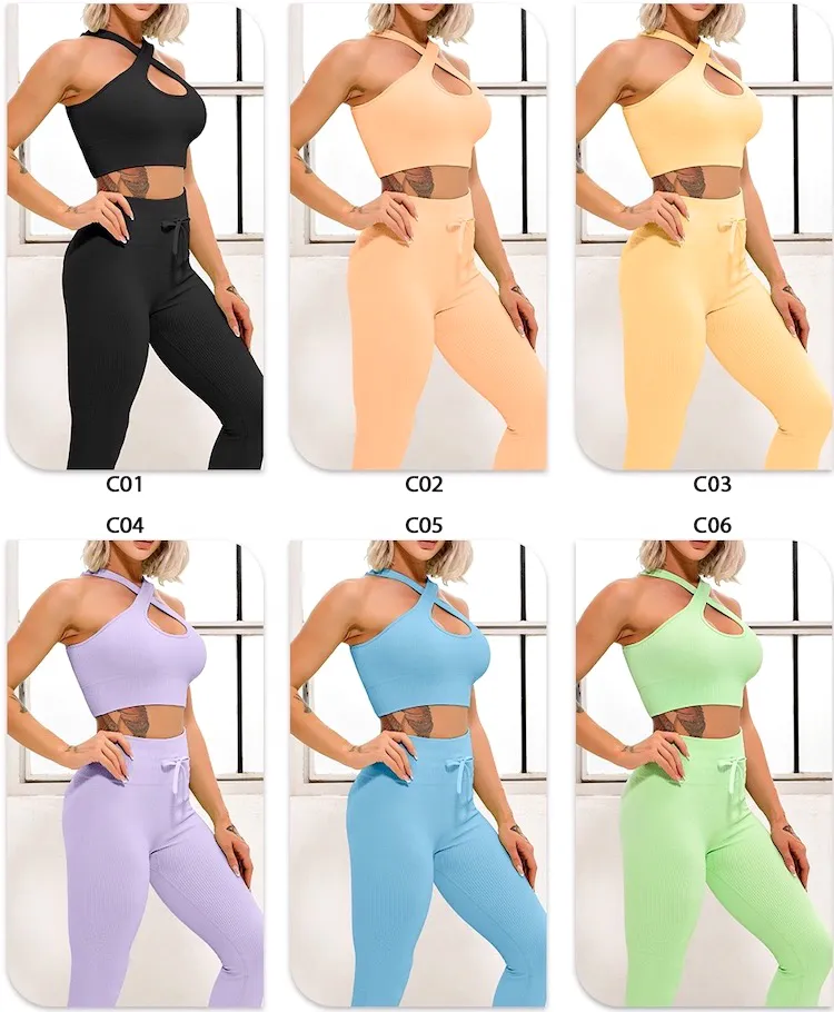 New Arrival Stylish Gym Workout Outfit for Women 2 Piece Seamless Ribbed Crossover Halter Crop Top with High Waist Sports Leggings Fitness Clothes