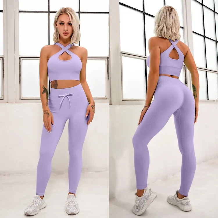 New Arrival Stylish Gym Workout Outfit for Women 2 Piece Seamless Ribbed Crossover Halter Crop Top with High Waist Sports Leggings Fitness Clothes