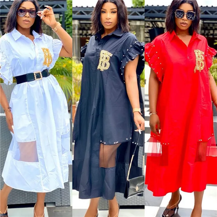 New Beaded Ruffle Dress Women Shirt Dresses Lady Shirt Dresses
