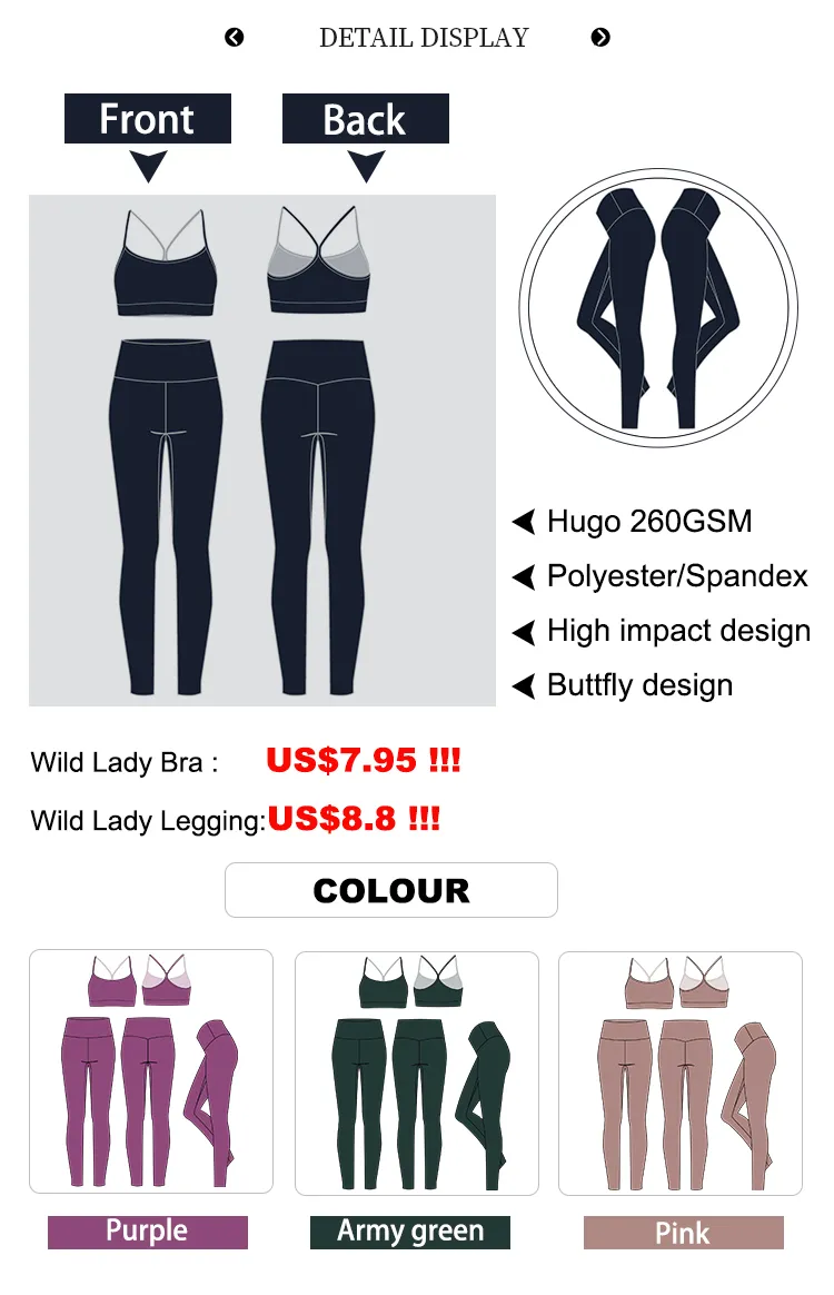 New Design Women Fitness Wear 2 Pieces Sets Plain Sports Bra with Leggings Set