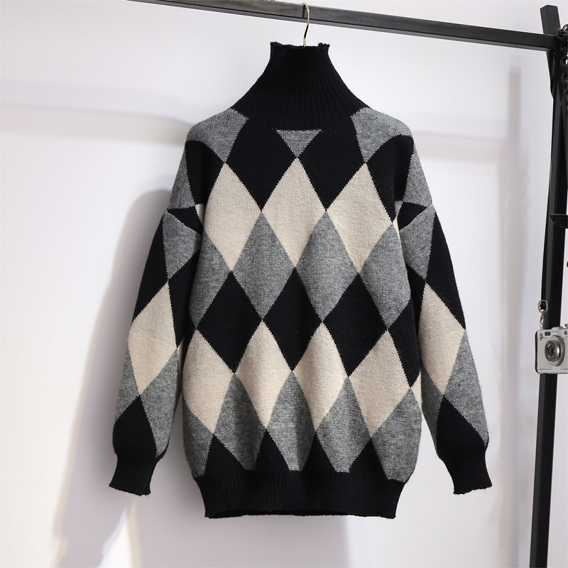 New Fashion Knitted Turtleneck Diamond Pattern Sweater Black Wool Skirt