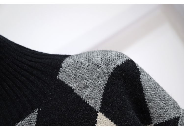New Fashion Knitted Turtleneck Diamond Pattern Sweater Black Wool Skirt