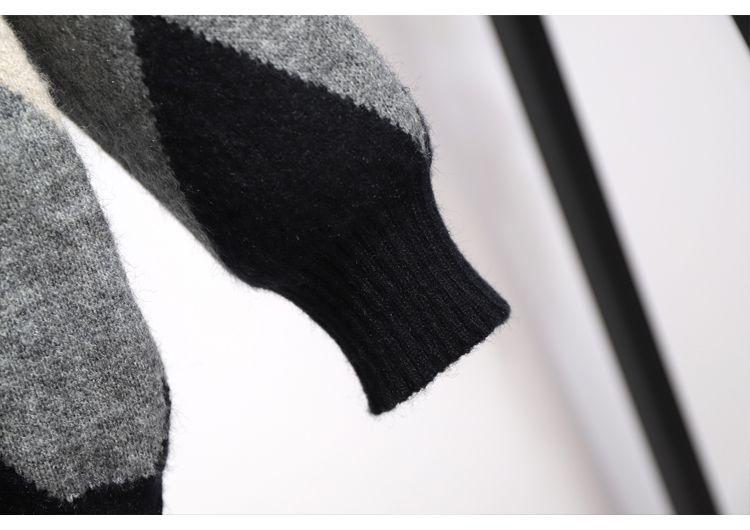 New Fashion Knitted Turtleneck Diamond Pattern Sweater Black Wool Skirt