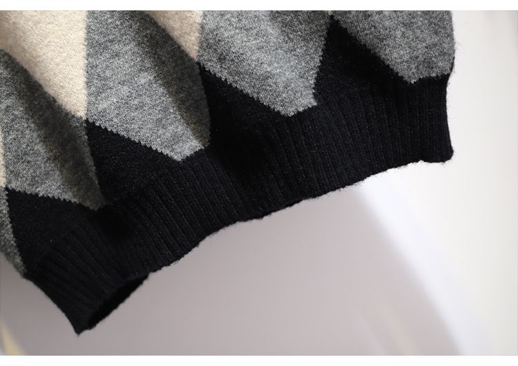 New Fashion Knitted Turtleneck Diamond Pattern Sweater Black Wool Skirt