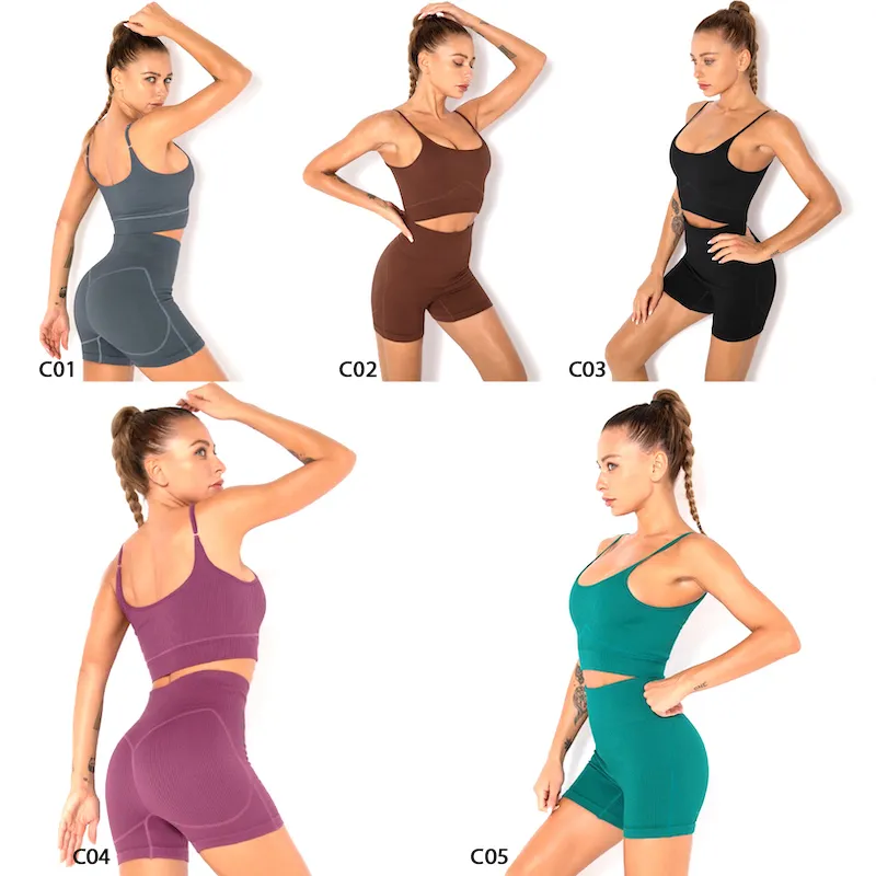 New Green Ribbed Yoga Sets 2 Piece Adjustable Gym Fitness Sports Jogging Outfits, Custom Seamless Jogging Suits Yoga Bra with Butt Lift Shorts Activewear