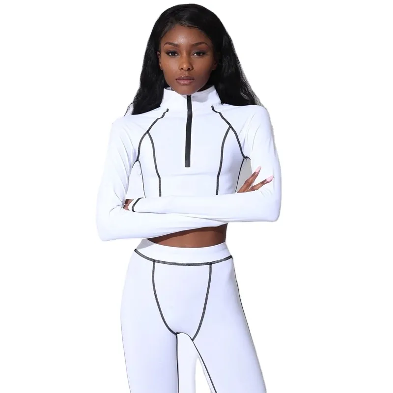 OEM Autumn Striped Sporty Suit Long Sleeve Turtleneck Crop Top + High Elasticity Fitness Leggings Two Piece Set Fitness Gymwear