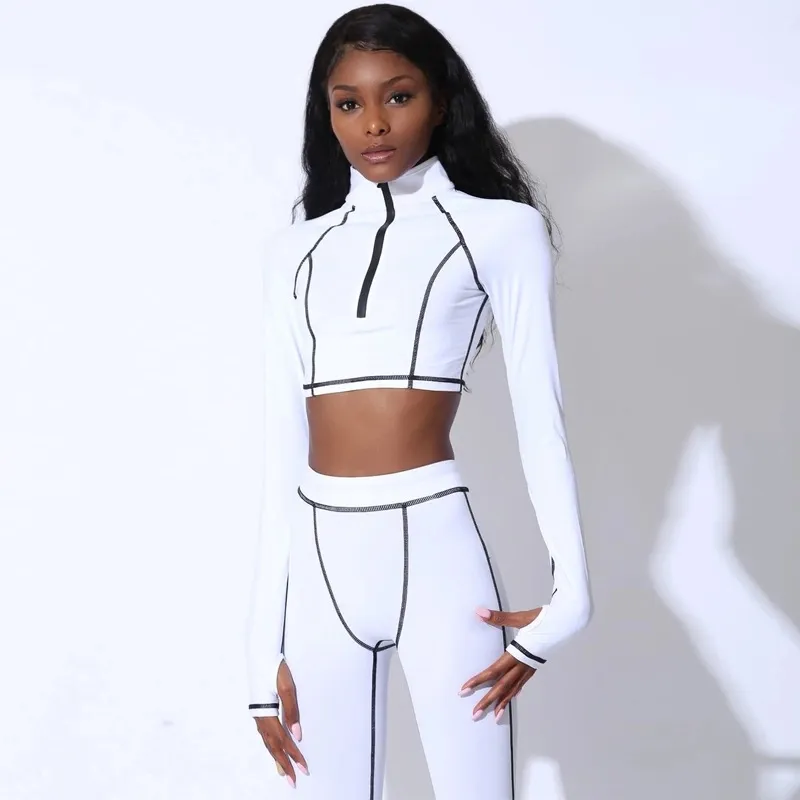 OEM Autumn Striped Sporty Suit Long Sleeve Turtleneck Crop Top + High Elasticity Fitness Leggings Two Piece Set Fitness Gymwear