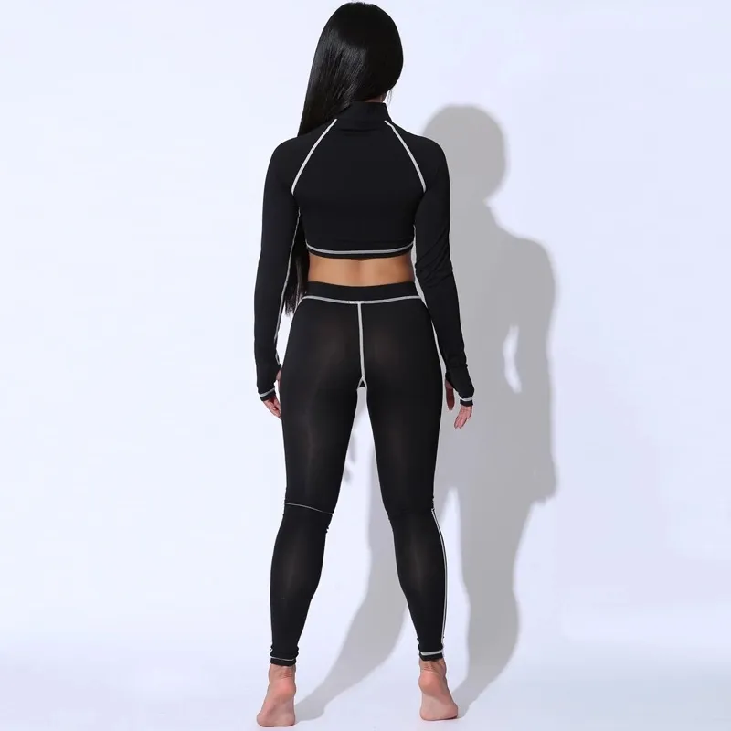 OEM Autumn Striped Sporty Suit Long Sleeve Turtleneck Crop Top + High Elasticity Fitness Leggings Two Piece Set Fitness Gymwear