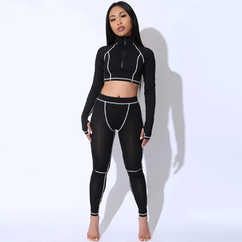 OEM Autumn Striped Sporty Suit Long Sleeve Turtleneck Crop Top + High Elasticity Fitness Leggings Two Piece Set Fitness Gymwear