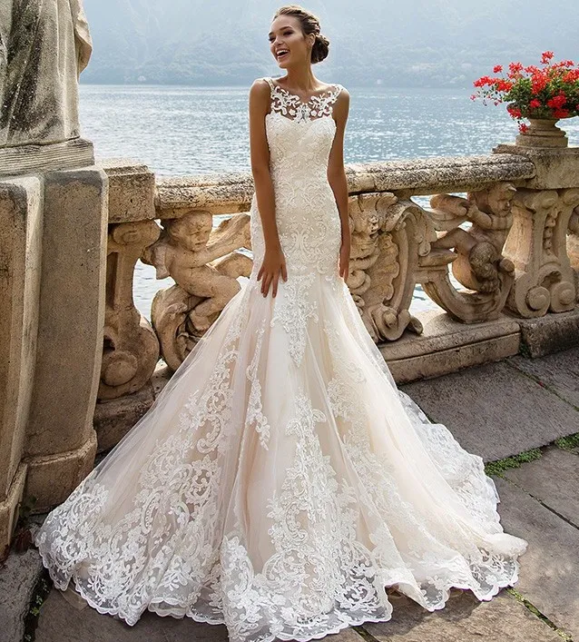 Pink Bridal Gowns Appliqued Lace Tulle Mermaid Wedding Dresses Rr3006