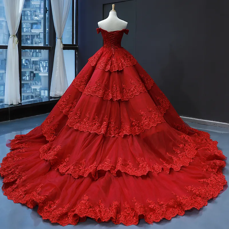 Red Prom Gown Lace Puffy Bridal Ball Gowns Wine Color Accent Wedding Dresses 2021 E1914