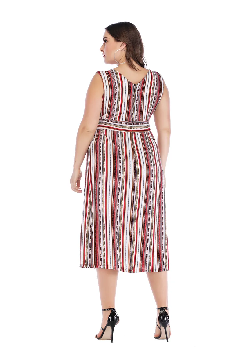 Sexy V-Neck Striped Sundress Waistline Slimming Full-Length Dress Extra Large