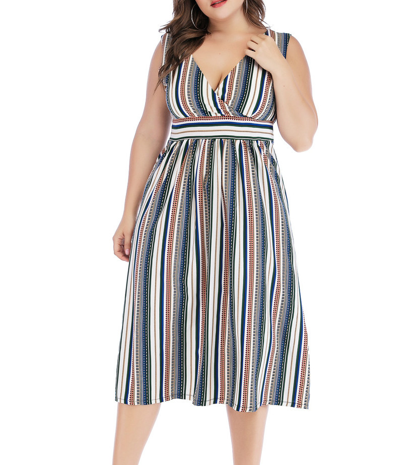 Sexy V-Neck Striped Sundress Waistline Slimming Full-Length Dress Extra Large