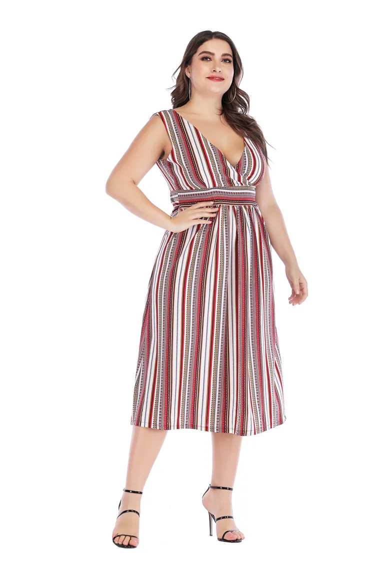 Sexy V-Neck Striped Sundress Waistline Slimming Full-Length Dress Extra Large